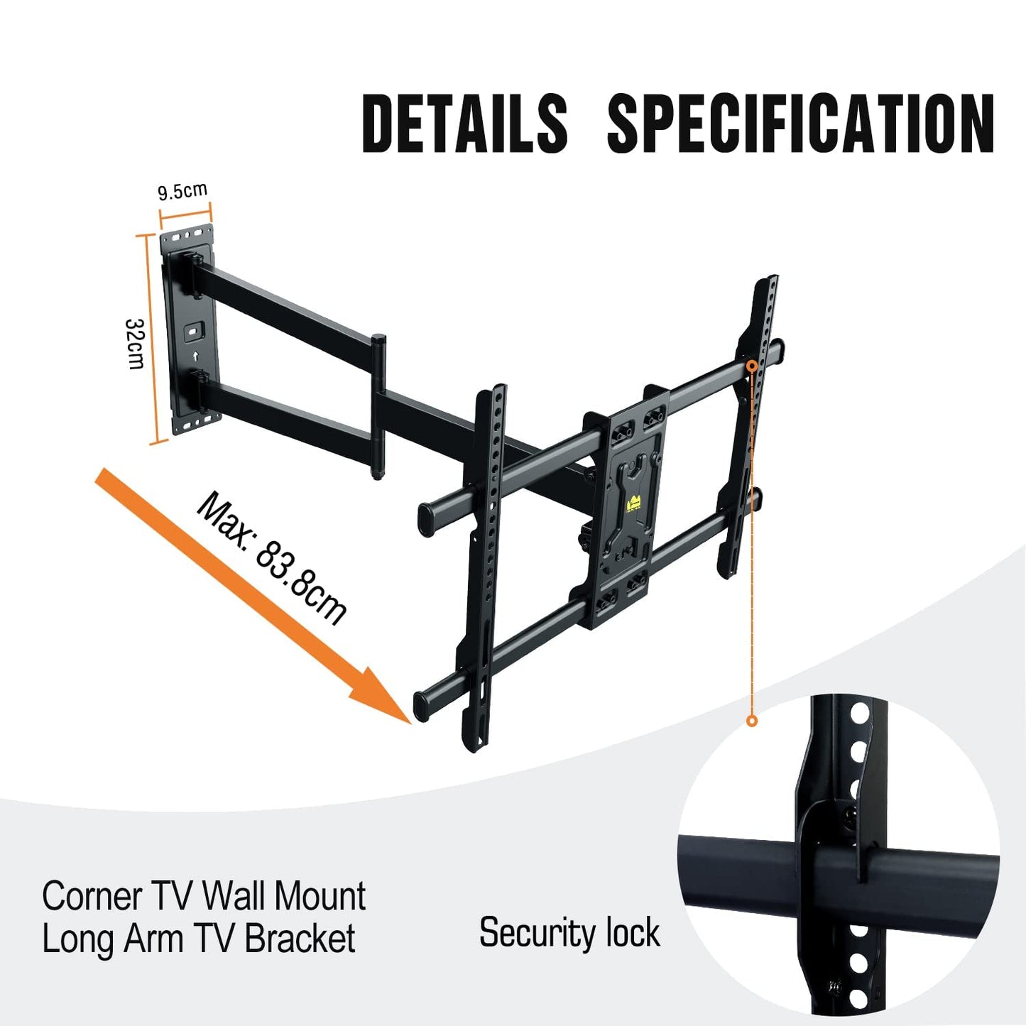 - FORGING MOUNT Long Reach TV Wall Bracket Corner TV Bracket Wall Mount for 32"-75" TVs 84cm of Smooth Extension Plus Swivel Tilt Full Motion Adjustable TV Mounting Bracket holds 45kg Max VESA 600X400mm -