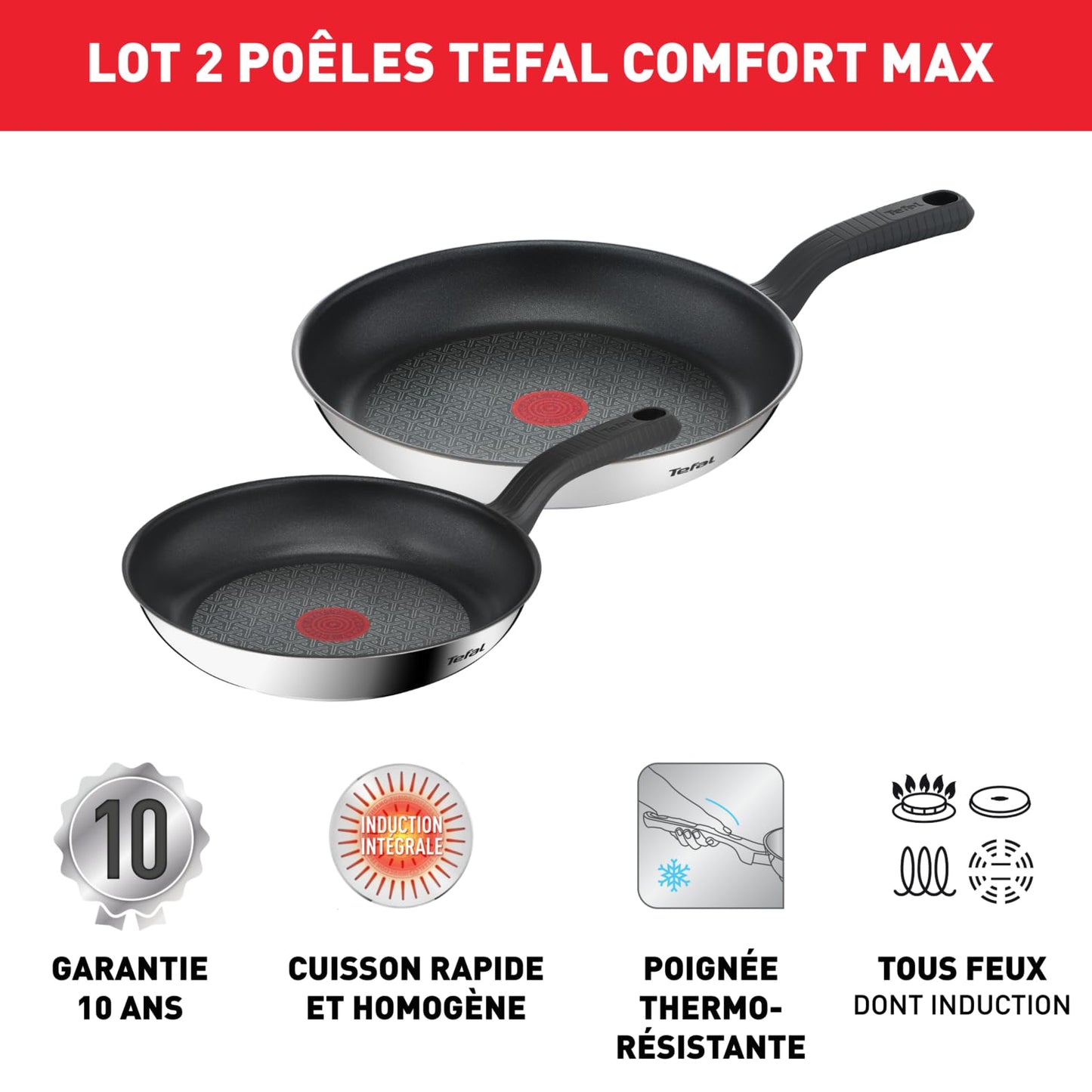 - Tefal 2 Piece Comfort Max | 24cm & 28cm Frying Pans | Stainless Steel, Silver, Black -