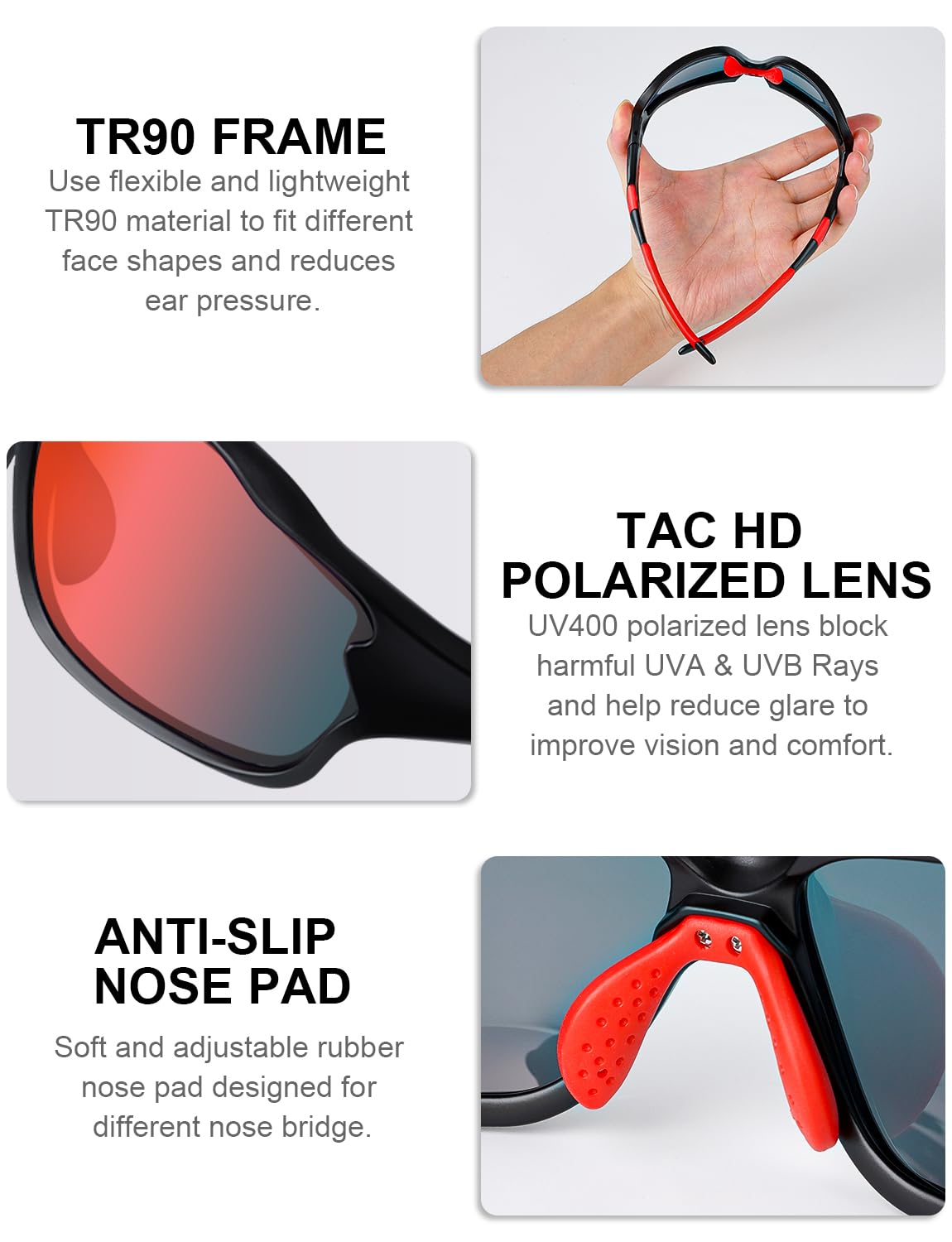 BEACOOLCycling Glasses Polarized Sports Sunglasses for Men Women UV400 Protection Tac Mens Sunglasses For Softball Fishing Baseball Running Golf (BlackRed)