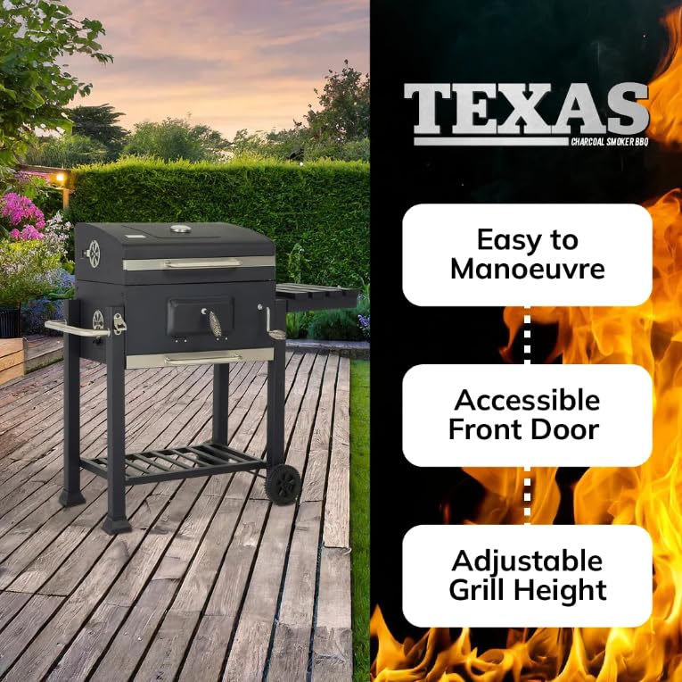 BillyOh Charcoal BBQ Grill Smoker with Side Table Shelf Stainless Steel Barbecue with Wheels Outdoor Portable Garden BBQ with Temperature Gauge, Grey Texas