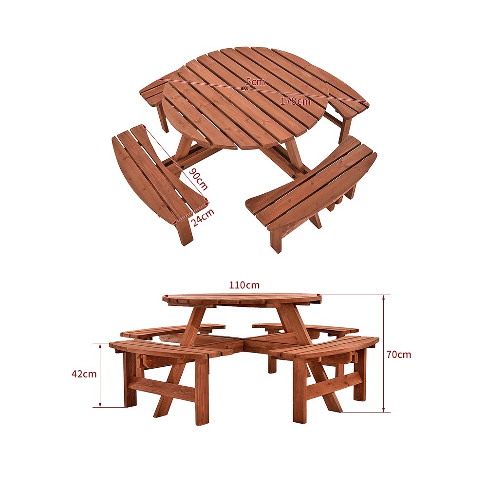 Britoniture 8 Seater Wooden Round Picnic Table and Bench for Garden Pub Patio