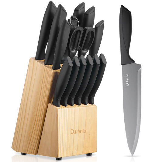 D.Perlla Knife Set with Block, 15 Pieces Kitchen Knife Set, Non Stick Black Colour Coating Stainless Steel Blade Knife Set, No Rust, Sharp Knife Block Set