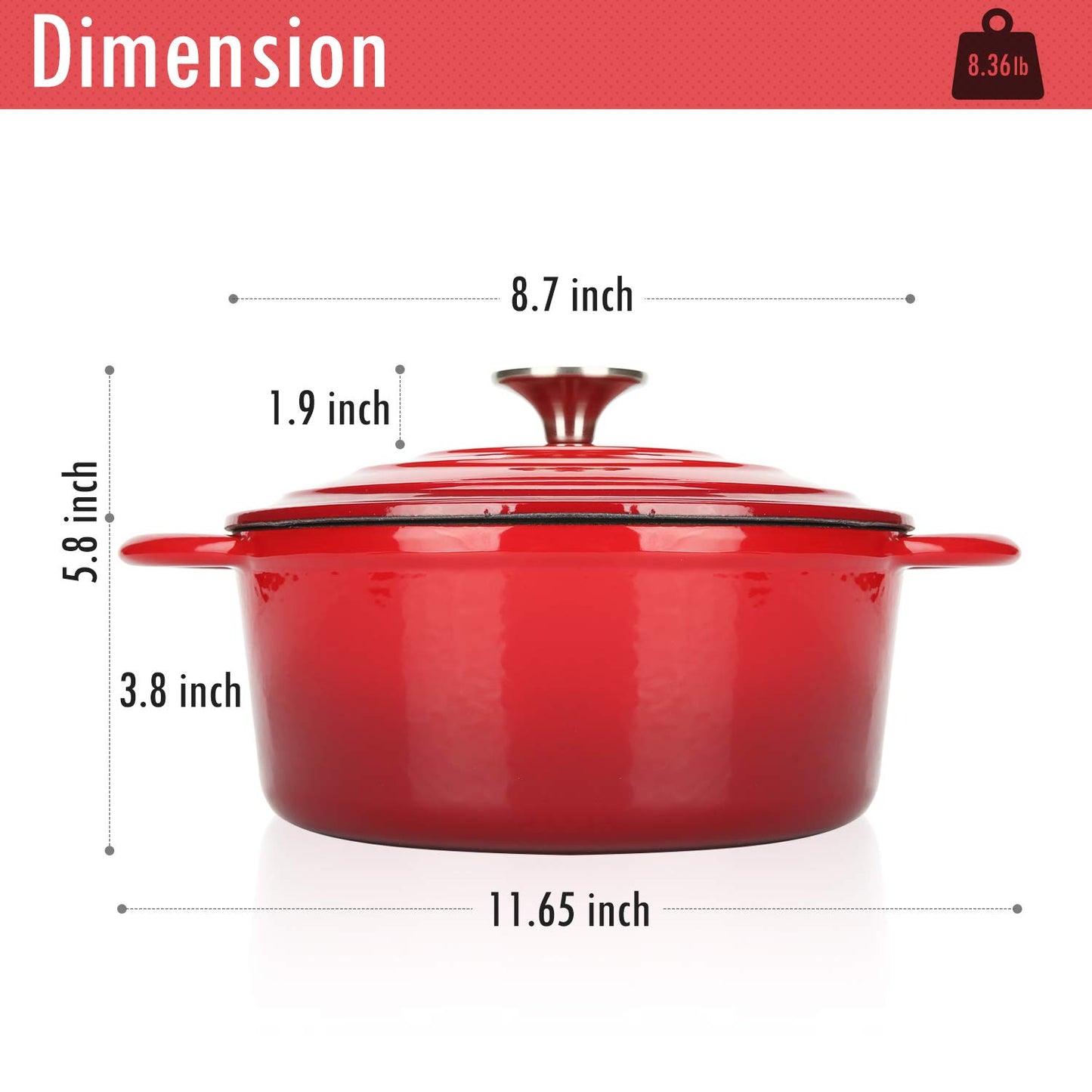 COOKWIN Cast Iron Dutch Oven,3 L Enamel Coated Cookware Pot with Self Basting Lid, Ideal for Family, Cerise