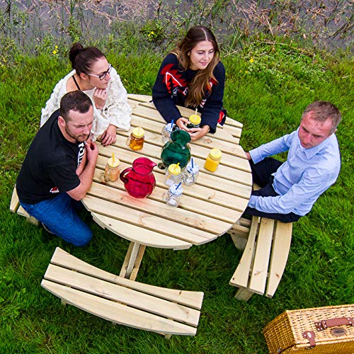 BrackenStyle Wooden Round Table with Bench and Parasol Hole - 1 Piece Furniture Outdoor Dining for Picnic, Garden, Patio, 8 People Seater with 1.8M Diameter (Green Pine)