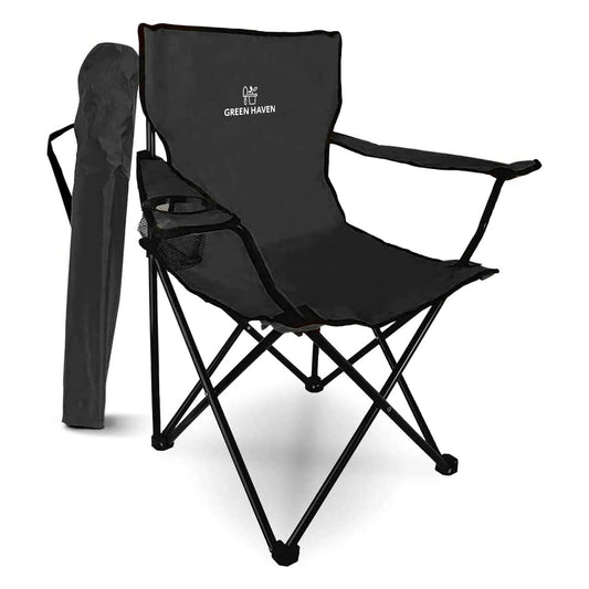 - Green Haven Camping Folding Chair | Black Lightweight Chair | 600D Polyester & Rip Stop | Heavy Duty Steel Frame Arm Chair with Cup Holder | Portable Chair for Outdoor & Camping -