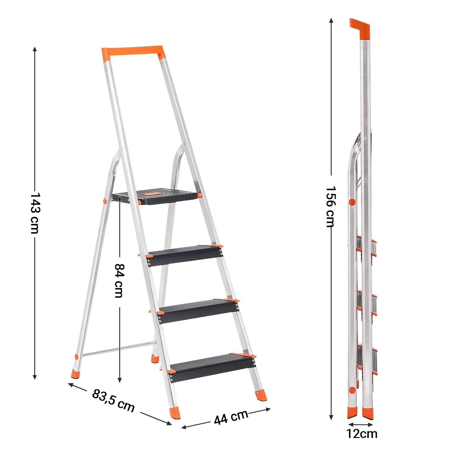 - SONGMICS Step Ladder | 4-Step Folding Ladder | Tool Tray and Anti-Slip Feet | Max. Static Load 150 kg | Black and Orange   -