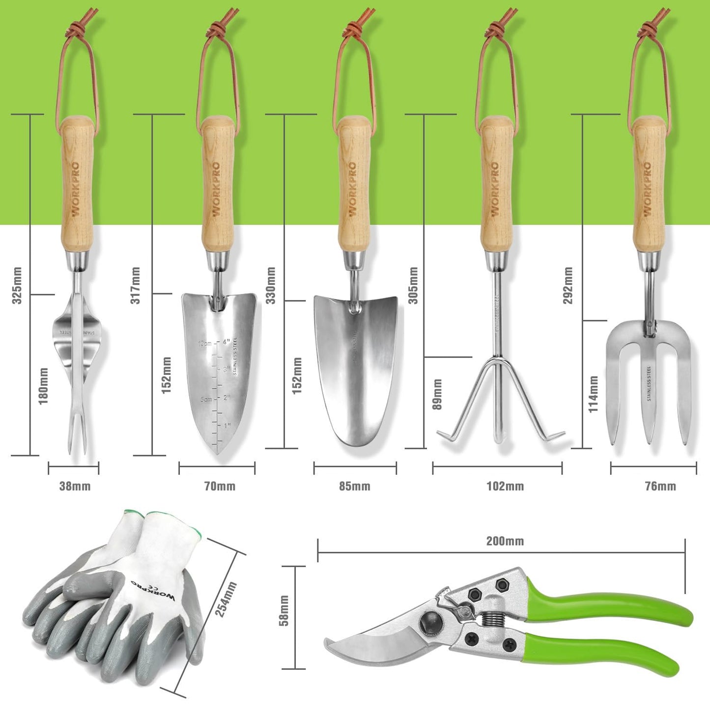 - WORKPRO 7 Piece Garden Tools Set, Stainless Steel Hand Tools with Wooden Handle, Including Gloves, Trowel, Weeder, Hand fork, Hand Rake, Transplanter, Pruner and Garden Tote