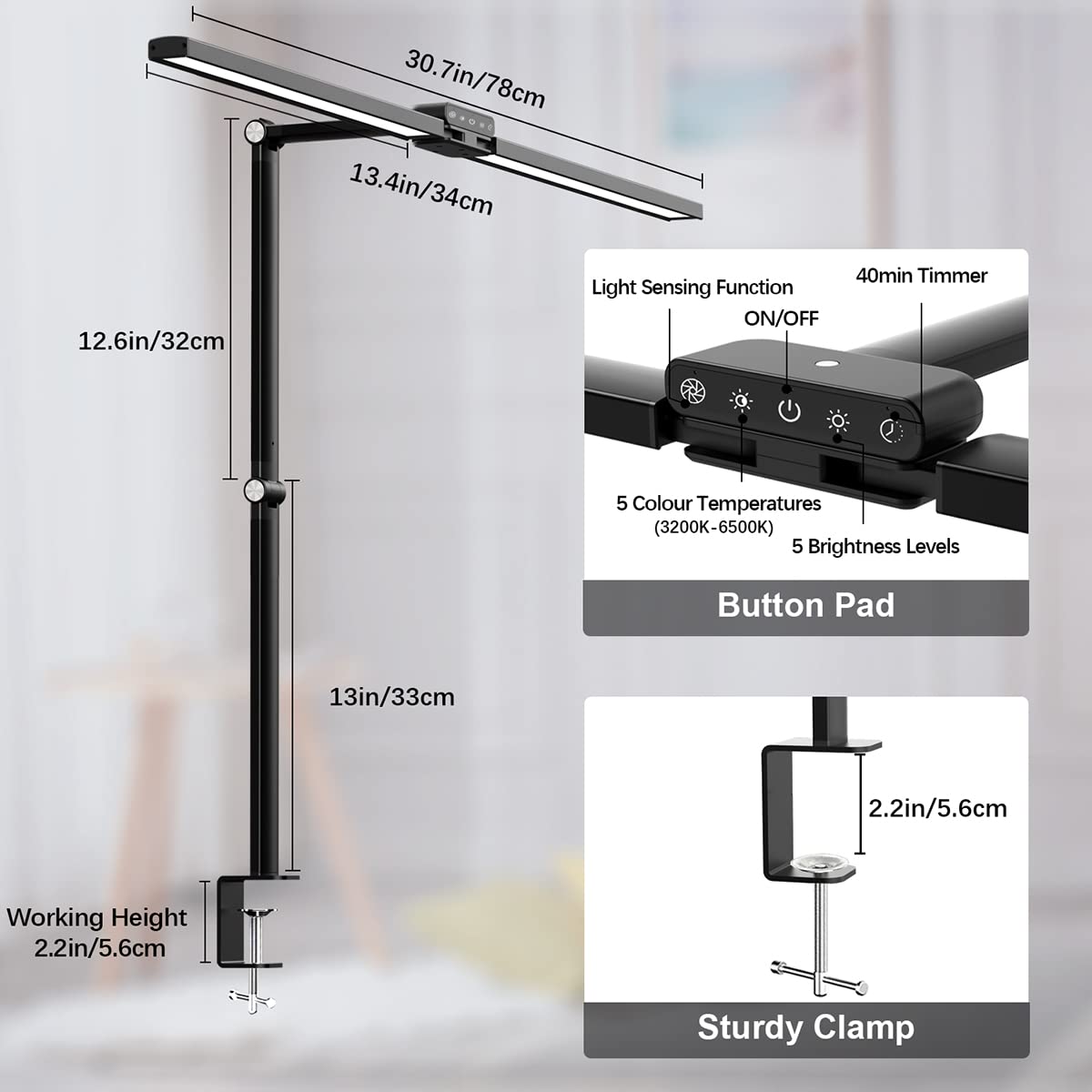 - Hapfish LED Desk Lamp for Office | 24W Double Head Desk Light Bar for Study | Super Wide & Bright | 5 Color Modes and 5 Dimmable -