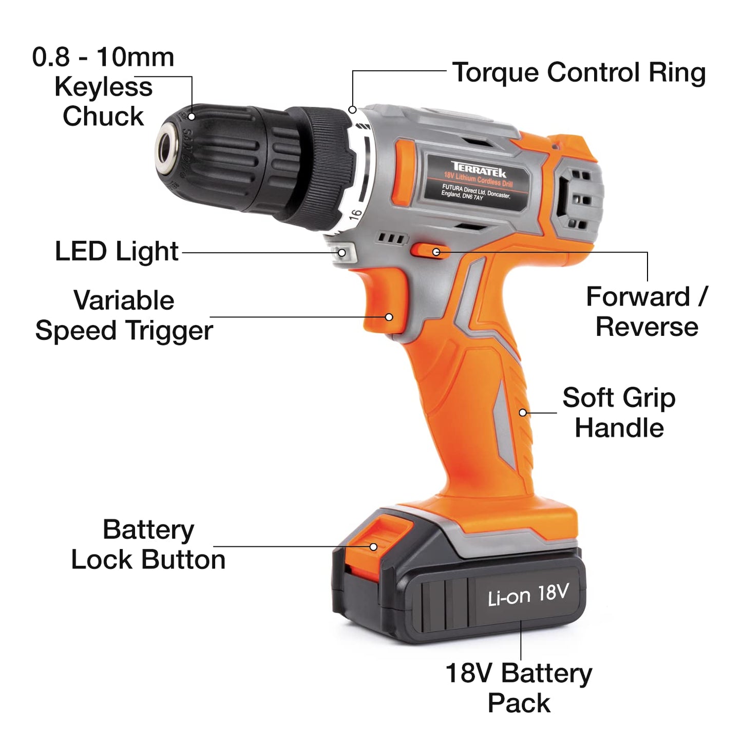 - Terratek Cordless Drill Driver 18V Lithium-Ion | 13Pc Electric Screwdriver Set -