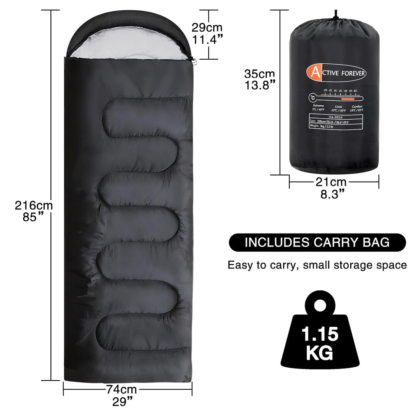 ACTIVE FOREVER Rectangular Sleeping Bag 3 Seasons - Lightweight Camping Sleeping Bags for Kids and Adults Indoor & Outdoor, Sleeping bag with Compression Sack for Hiking Backpacking, Black