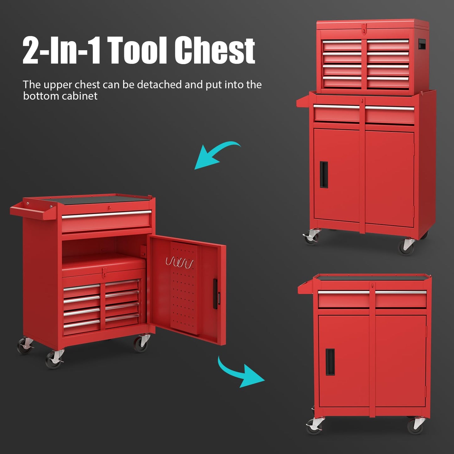 COSTWAY Large Rolling Tool Cabinet, 2-in-1 Detachable Metal Tool Chest with Drawers, Wheel, Handle, Hooks & Pegboard, Lockable Tool Box Trolley for Garage Workshop (with Adjustable Shelf, Red)