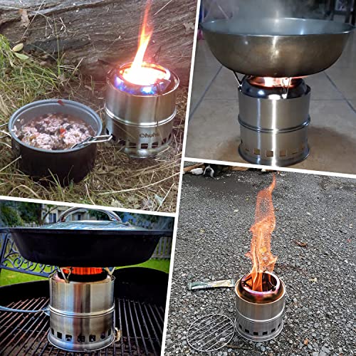 Camping Stove, Ohuhu Rocket Stove Camping Stainless Steel Lightweight Stove Wood Alcohol Stove Portable Outdoor Cooking Picnic BBQ Hiking with Mesh Bag
