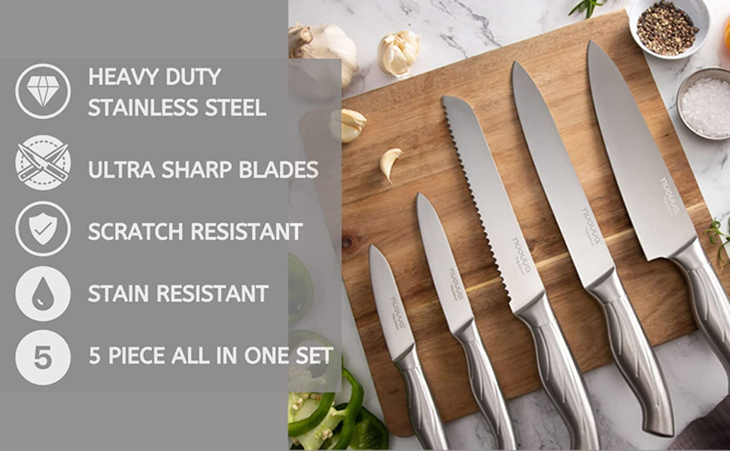 - Nuovva Sharp Kitchen Knife Set | Professional Kitchen Knives | 5 Pieces -