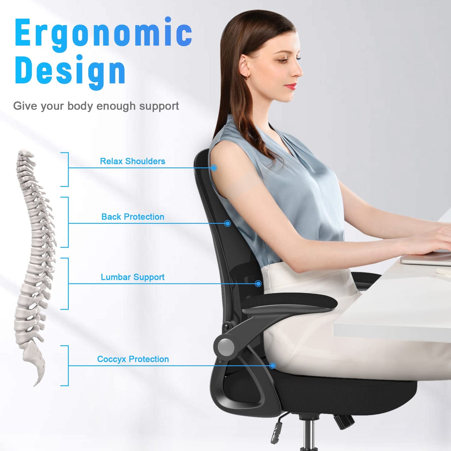 - naspaluro Office Chair Ergonomic Desk | 90° Flip-up Armrest Lumbar Support | Height Adjustable Chair -