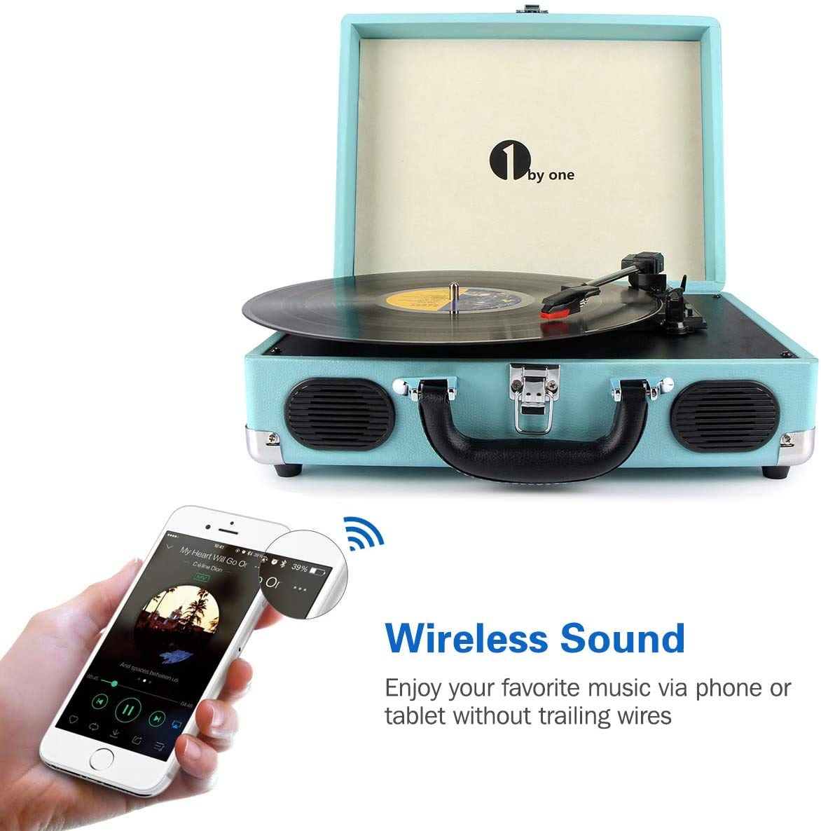 - 1 BY ONE Bluetooth Record Player Belt-Drive 3-Speed Portable Vinyl Turntable with Built in Speakers