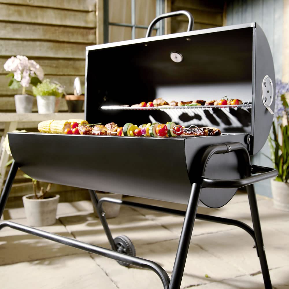 - Wilko Oil Drum Charcoal BBQ Grill - With Lid Cover - Chrome Plated Steel Cooking Grid