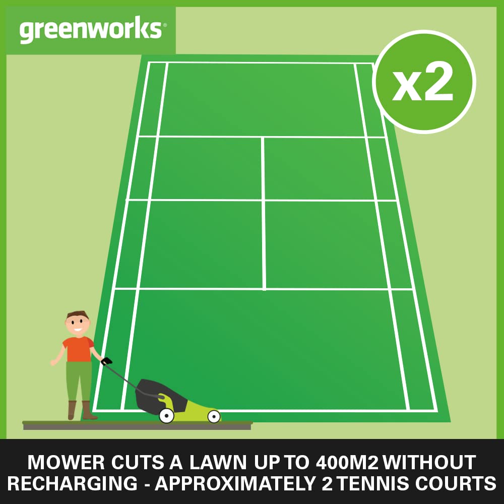 - Greenworks 40V Cordless Lawnmower | 35cm Cutting Width | 40L Bag PLUS Two 40V 2Ah Batteries -