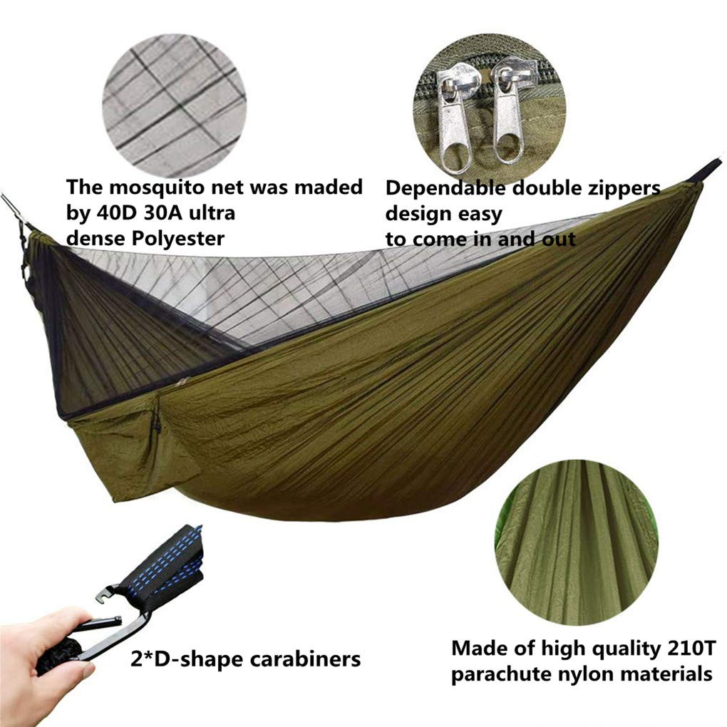 Camping Hammock with Rain Fly Tarp Mosquito Net Heavy Duty Tree Straps Portable Single Double Parachute Hammock Tent Waterproof Rainfly Set for Garden Beach Travel Backpacking outside Activities