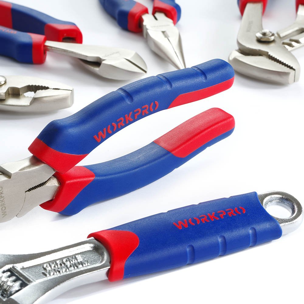 - WORKPRO 5-Piece Pliers Set, Includes 250nn Water Pump Plier, 200mm Combination Plier, 200mm Long Nose Plier, 180mm Diagonal Cutter, 200mm Adjustable Wrench, with Soft Grip Handles