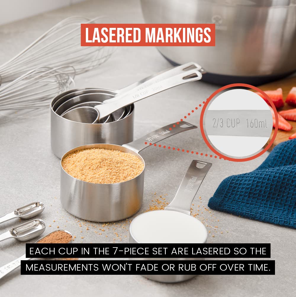 Chef Pomodoro Stainless Steel Measuring Cups, 7-Piece Set, Sturdy Long Handles, Nesting and Stackable, Metal Kitchen Spoons for Wet and Dry Ingredients