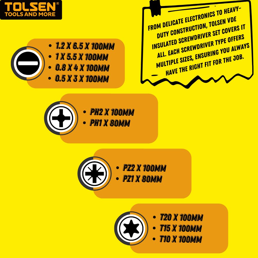 - Tolsen 13pcs VDE Insulated Electrical Screwdriver Set | Hard Case | Interchangeable -