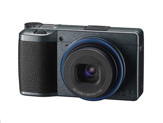 - Ricoh GR IIIx Urban Edition | Metallic Grey Body with Navy Blue Ring | Digital Compact Camera with 24MP -