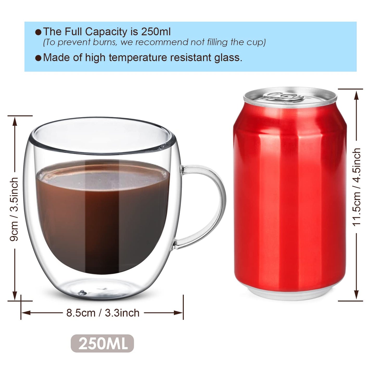 - Set of 4 Double Walled Glass Mug Set | Double Walled Insulated Drinking Glass | Coffee Mugs with Handle -