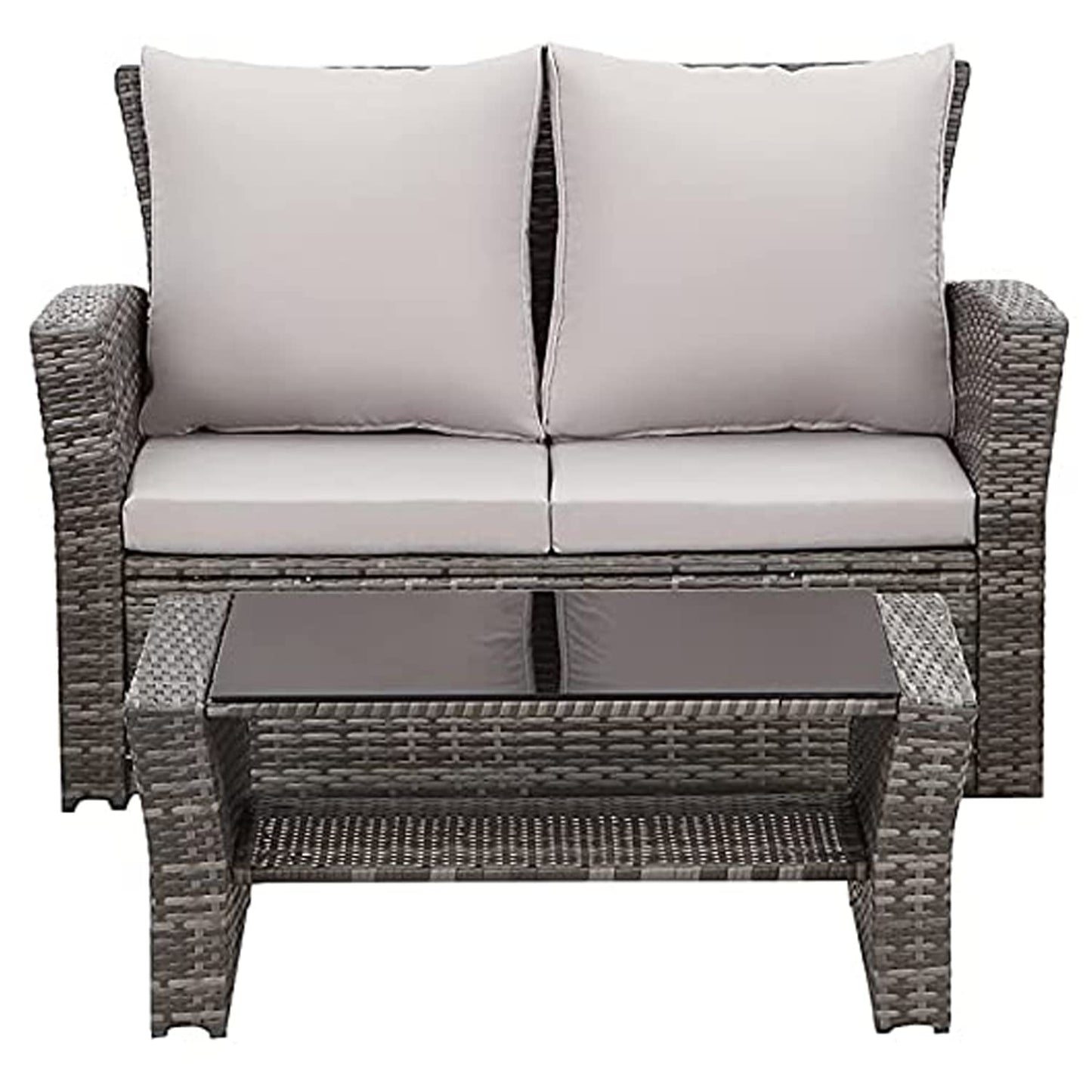 - Mixed Grey Outdoor Rattan Garden Furniture Set | Grey Cushions Luxury 4 Seater Sofa with Chairs and Coffee Table -