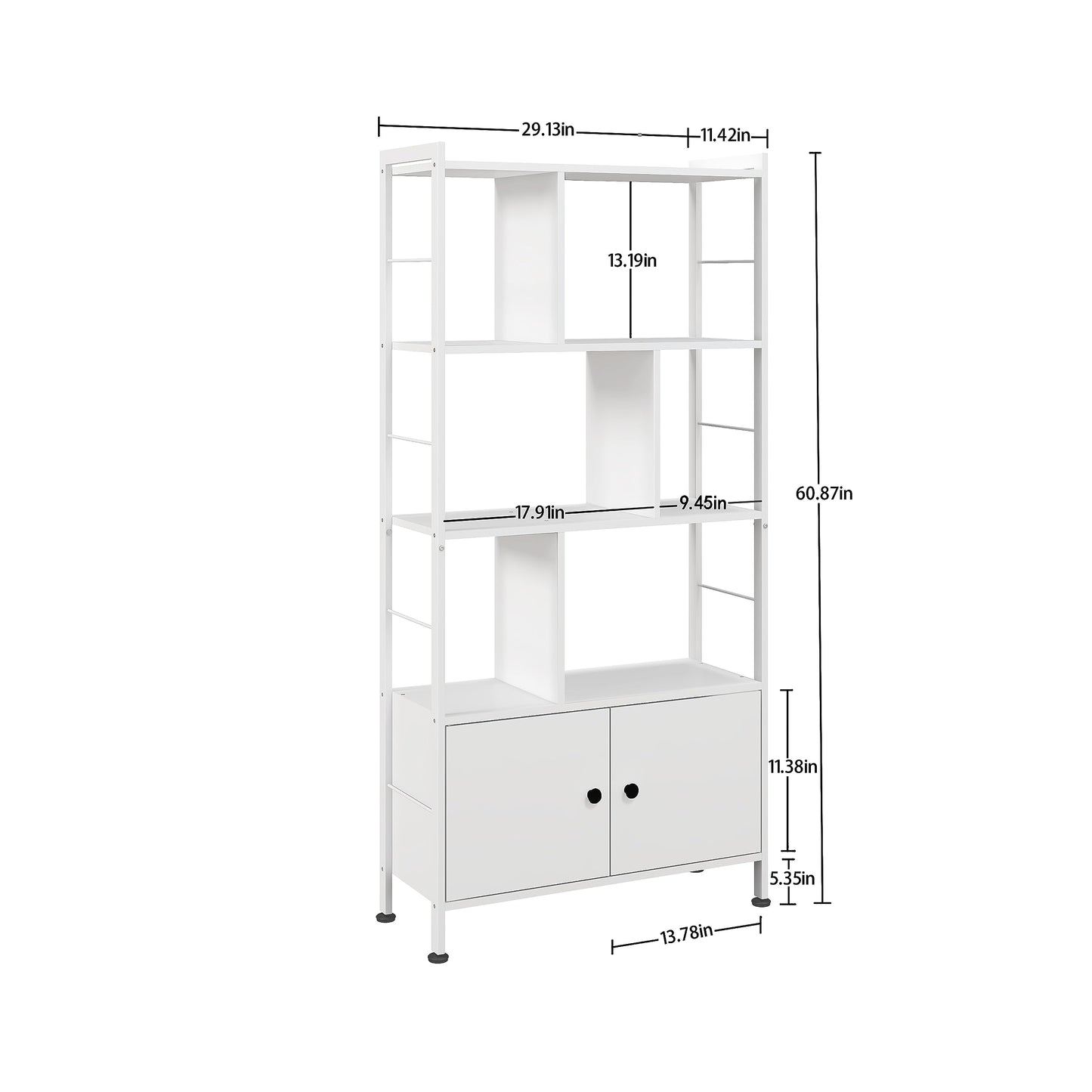 4 Tier Bookcase, Large Steel Frame Bookcase Wooden Cube Shelves Tall Storage Shelf Cupboard Organizer Display Industrial Style Free Standing Unit for Living Room, Office (White, 4 Tier with 2 Doors)