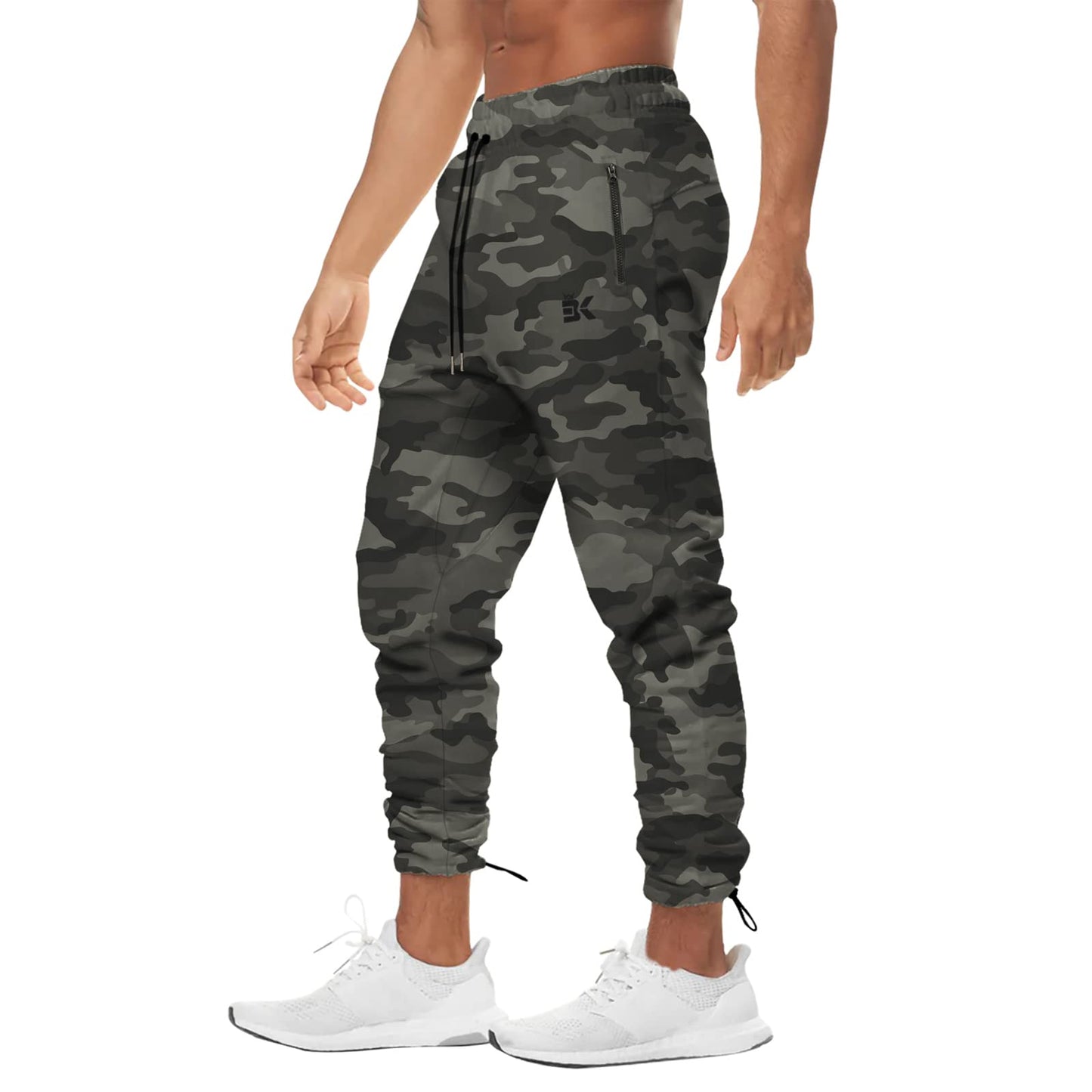 BROKIG Mens Ankle Cords Gym Joggers,Mens Tracksuit Bottoms Running Trousers with Zip Pockets(Camo Green,S)