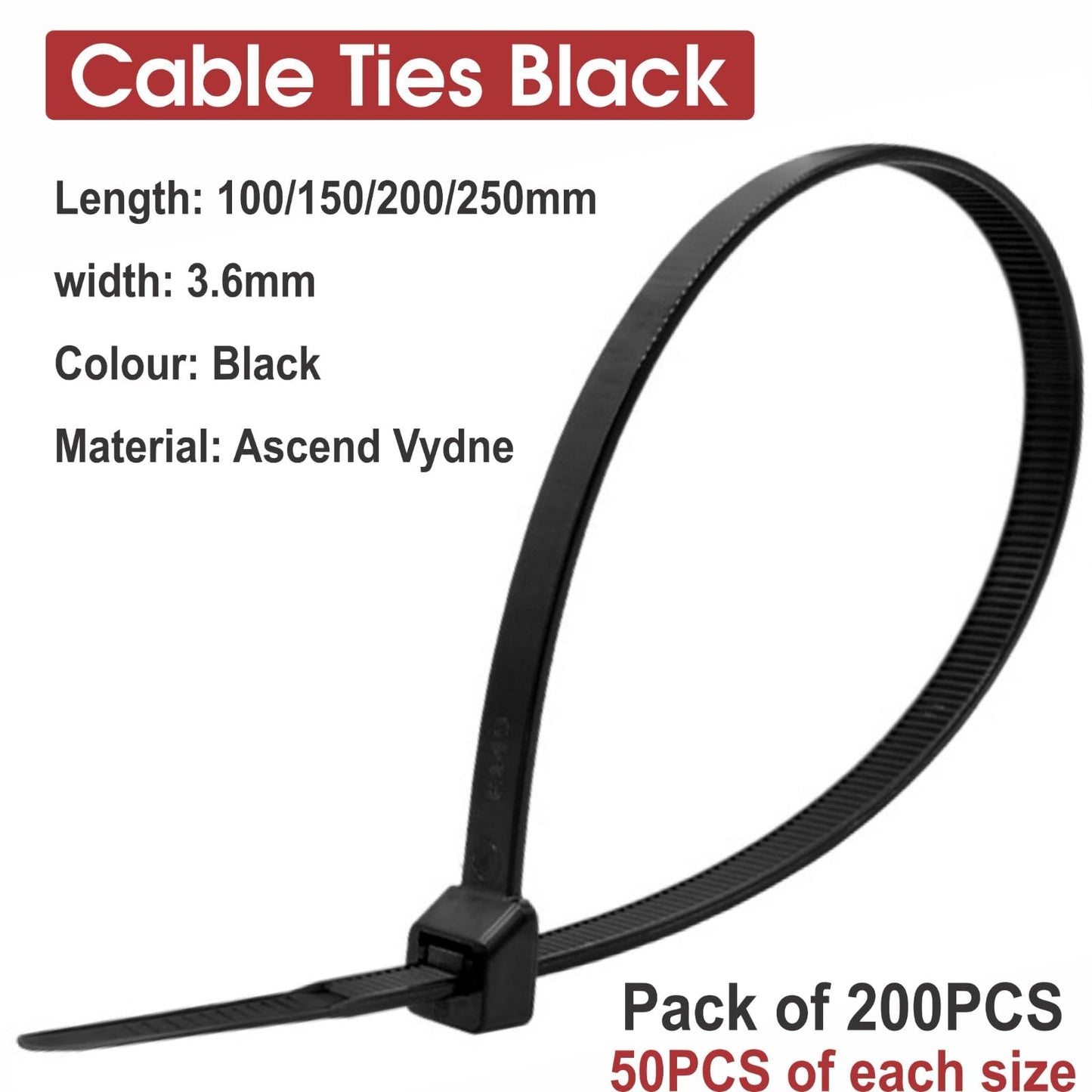 200Pcs Cable Ties Assortment -Mix Black Zip Ties Set with 4 Sizes (100/150/200/250mm) x 3.6mm Heavy Duty Nylon Cable Ties for Wire Management, Black Cable Ties Heavy Duty Zip Ties