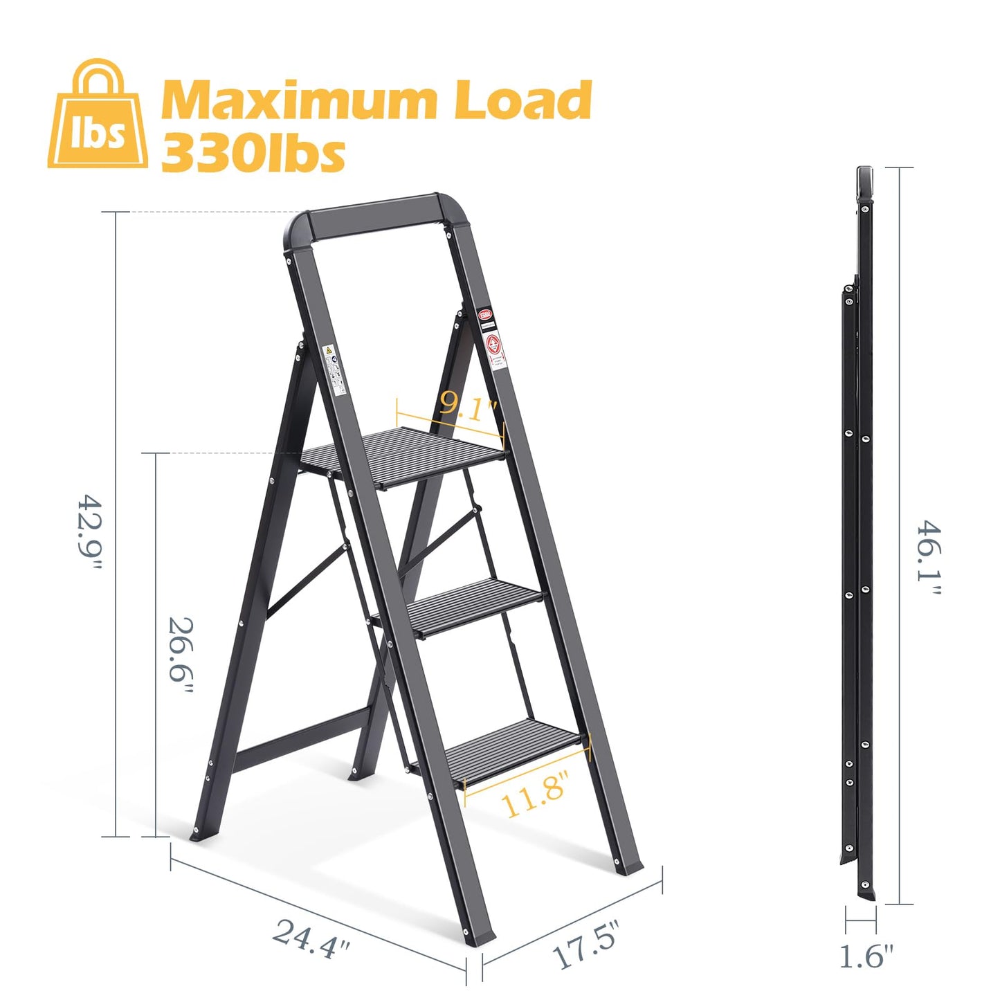 - KINGRACK 3 Step Ladder With Handrail | Non-Slip Household Ladder With Folding Safety -