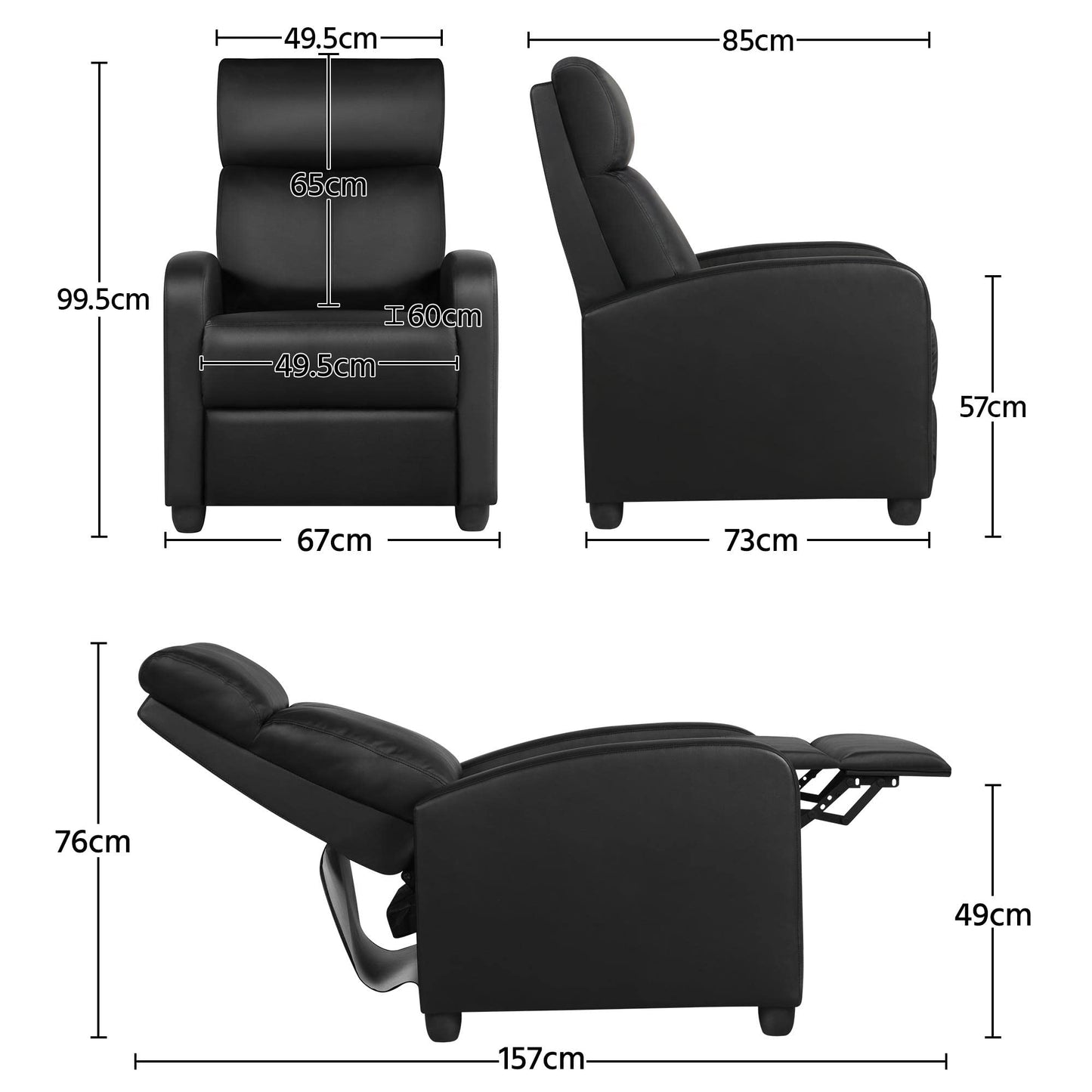 - Yaheetech Recliner Armchair Single Padded Seat, PU Black Leather Recliner For Lounge.