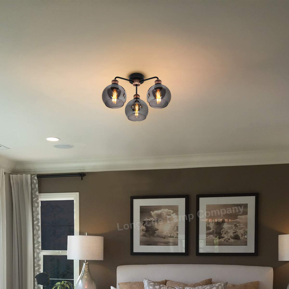 - Modern Grey Glass Ceiling Light | 3 Globe Shades | Round Chandelier -