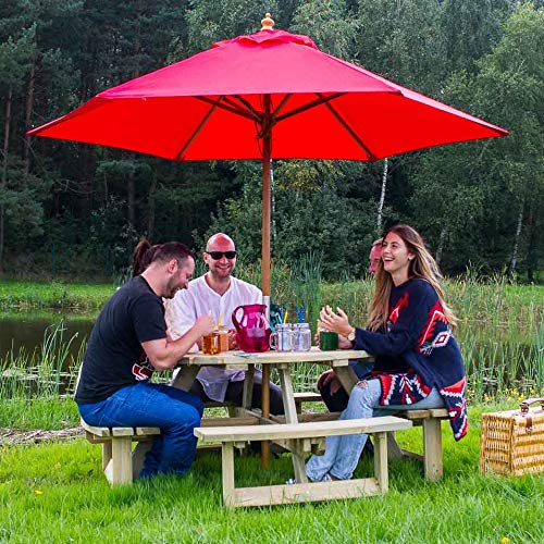BrackenStyle Wooden Round Table with Bench and Parasol Hole - 1 Piece Furniture Outdoor Dining for Picnic, Garden, Patio, 8 People Seater with 1.8M Diameter (Green Pine)