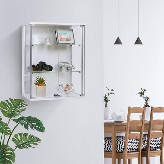 - Displaysense White Wall Mounted Display Cabinet | Double Doors & 2 Height Adjustable Shelves -