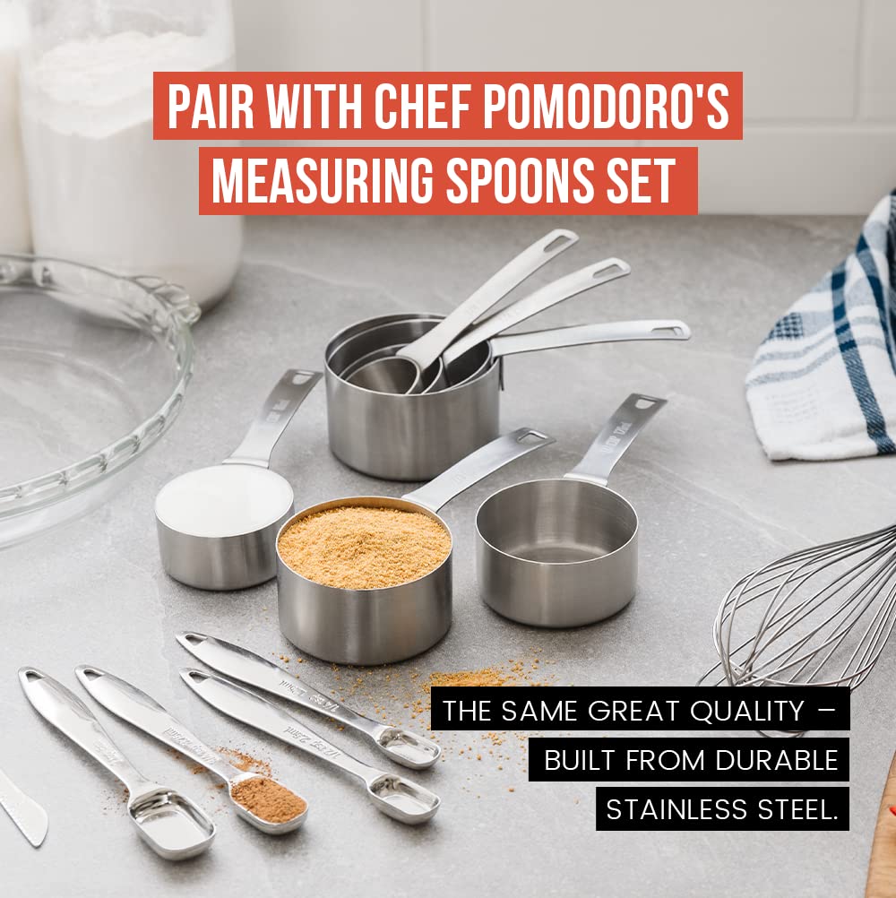 Chef Pomodoro Stainless Steel Measuring Cups, 7-Piece Set, Sturdy Long Handles, Nesting and Stackable, Metal Kitchen Spoons for Wet and Dry Ingredients