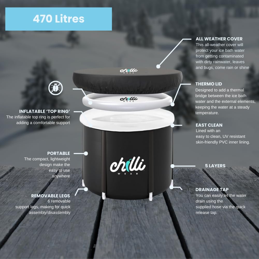 Chilli Wear Ice Bath: Large 470 LitreOutdoor Cold Plunge Therapy Tub, Spacious Recovery Pod with Lid, All-Weather Protection, Portable & Versatile for Ultimate Ice Bath Experience!