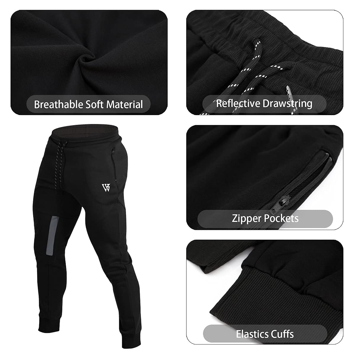BROKIG Mens Vertex Gym Joggers Sweatpants Tracksuit Jogging Bottoms Running Trousers with Pockets (L, Black)