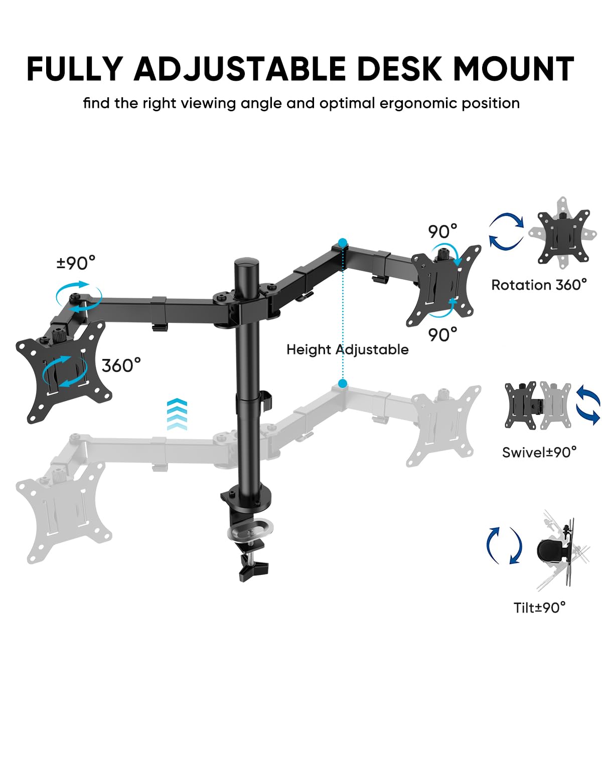 - FORGING MOUNT Ergonomic Dual Monitor Stand for 13-32 inch LCD LED PC Screens for Desks Monitor Stand Arm | Height Adjustable Arm Bracket Tilt 90° Swivel 180° Rotate 360° | VESA 75/100 -