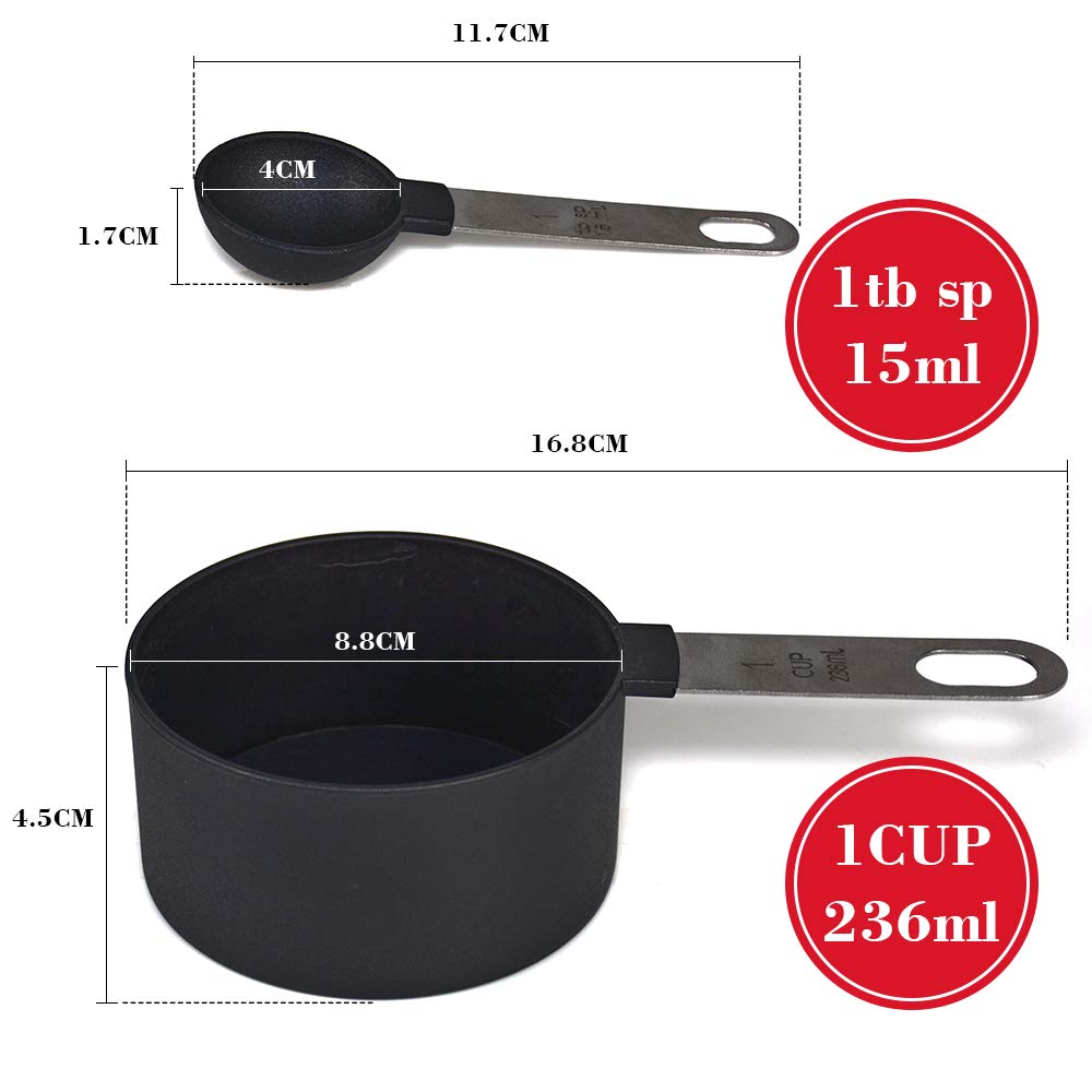 - FONYA 8-Piece Black Measuring Tools | 4 Measuring Cups / 4 Measuring Spoons with Metal Handles -