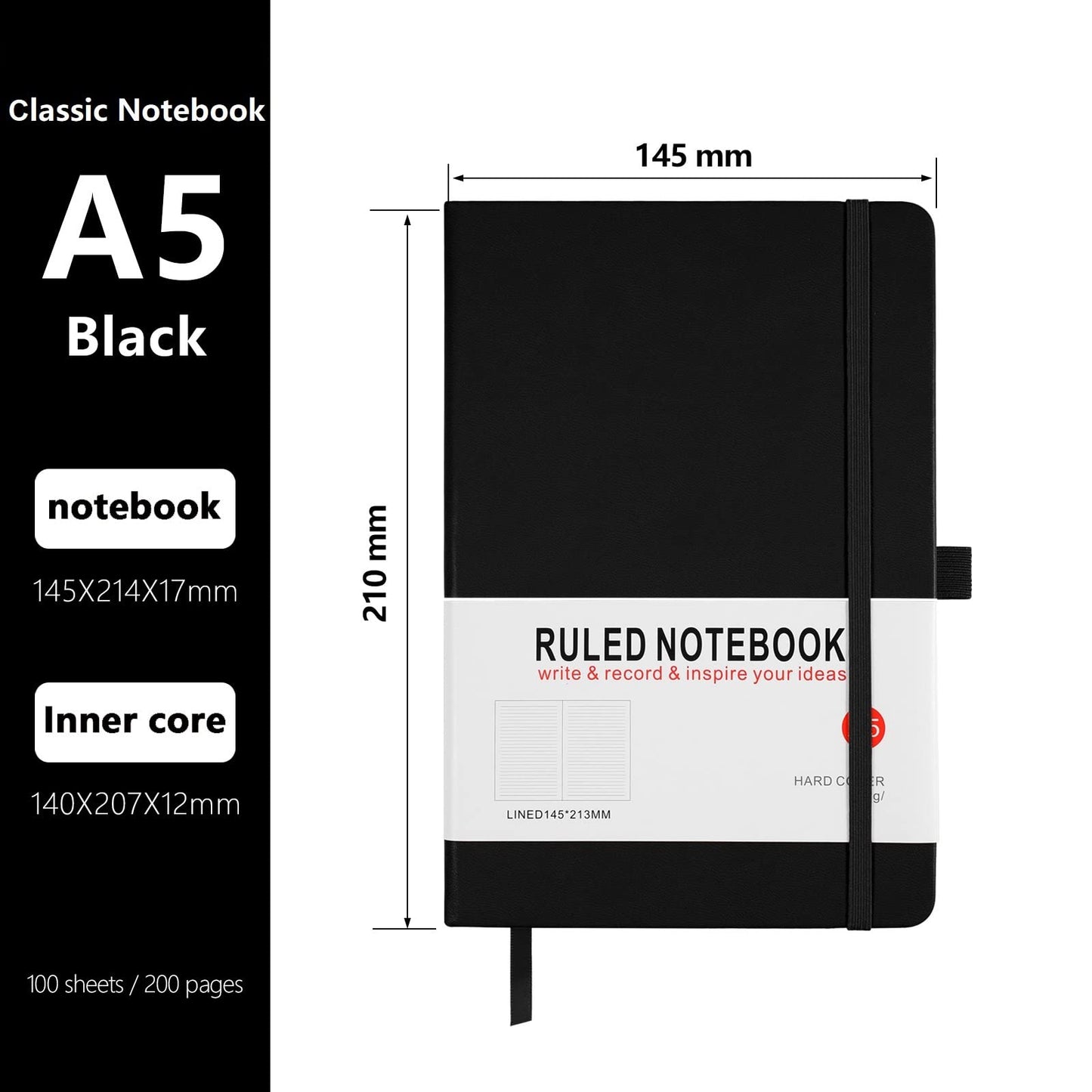 A5 Notebook, Journal Note Pad Hardback Journal Notebook A5 Notepad Composition Notebooks PU Leather Notebook for Office School Home Business Writing & Note Taking 200 Pages (100 Sheets)-Black