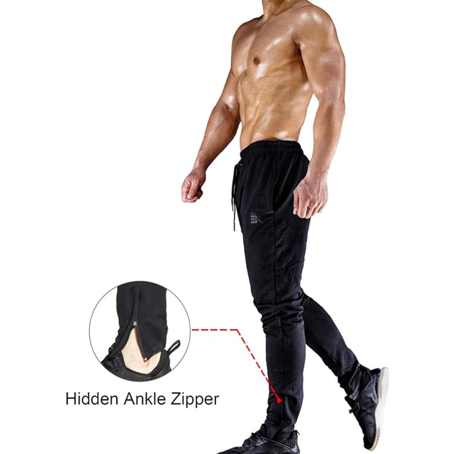BROKIG Mens Zip Gym Joggers Sweatpants Slim fit Tracksuit Bottoms Casual Chinos Running Trousers Pockets(Large, Black)
