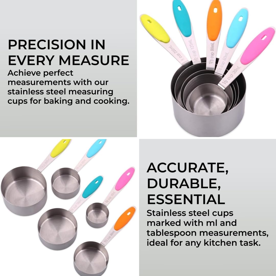 - H&S Measuring Cup Set of 5 Stainless Steel Metal Measure Spoon Cups -