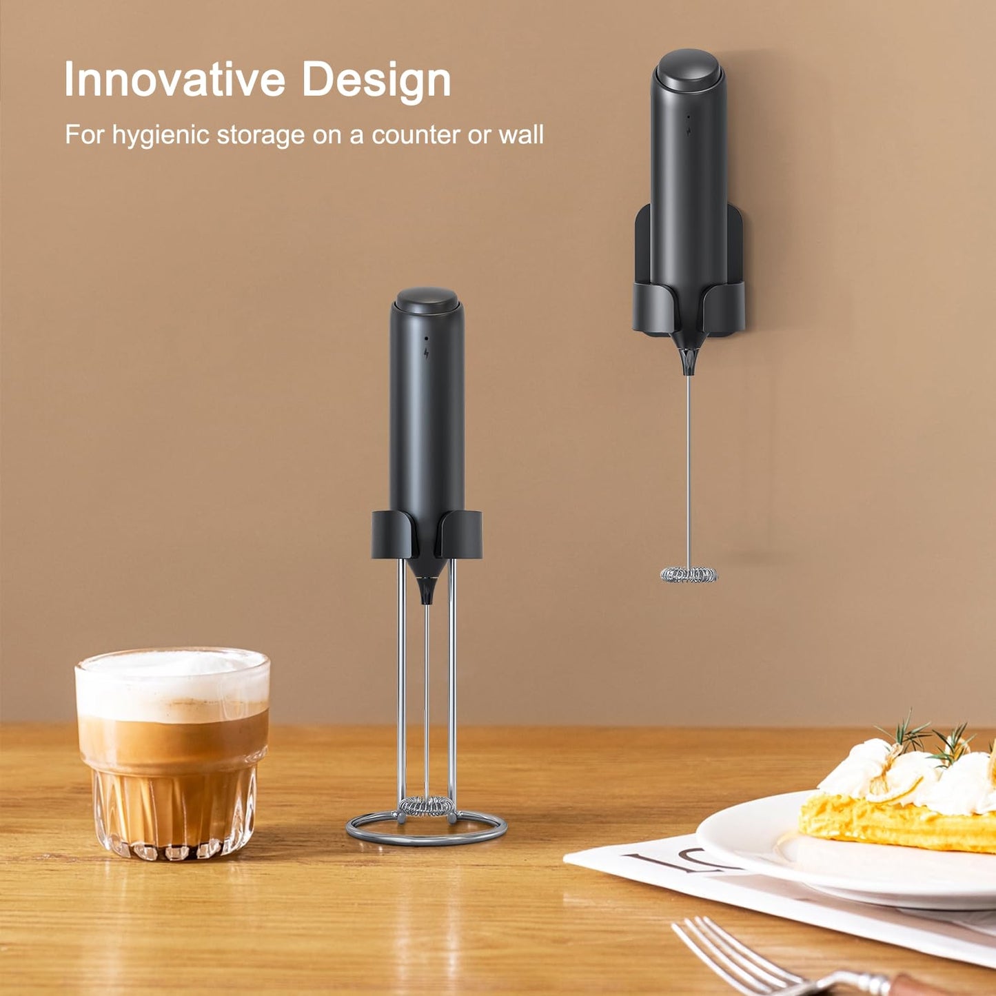- ELMWAY Rechargeable Milk Frother Handheld | Integrated Charging Stand | 13000rpm Motor Stainless Steel Mixing Head Electric Whisk -