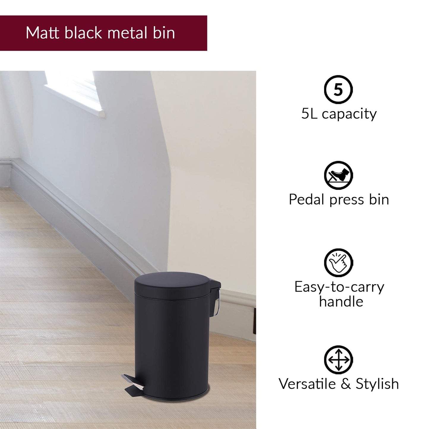 - iTrend Pedal Bin | Matt Black | Stainless Steel Pedal Bin with Lid -