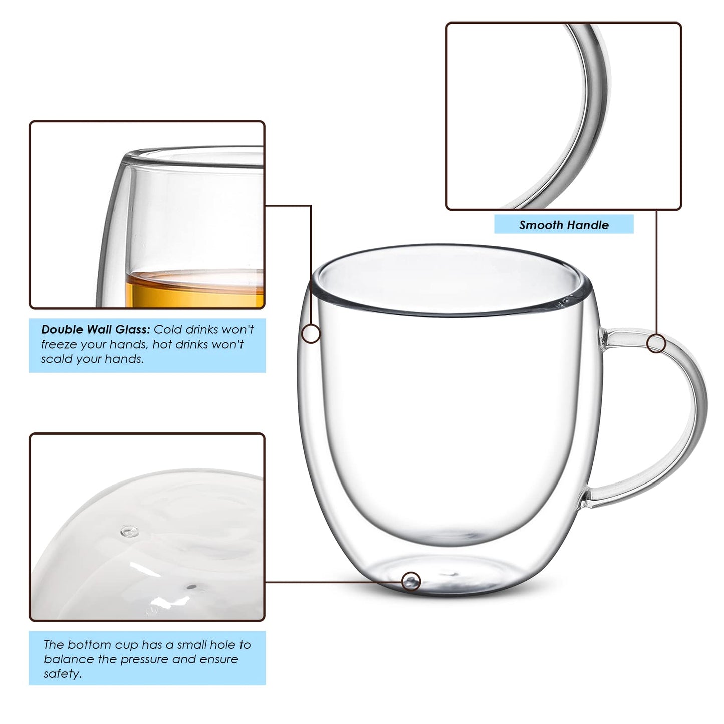 - Set of 4 Double Walled Glass Mug Set | Double Walled Insulated Drinking Glass | Coffee Mugs with Handle -
