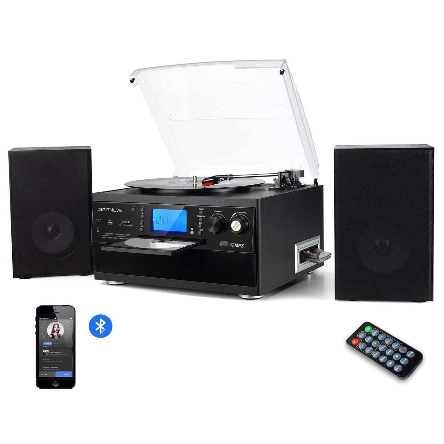 - DIGITNOW! Bluetooth Viny Record Player | Turntable for CD | Cassette | AM/FM Radio and Aux in | USB port and SD Encoding | Remote Control -