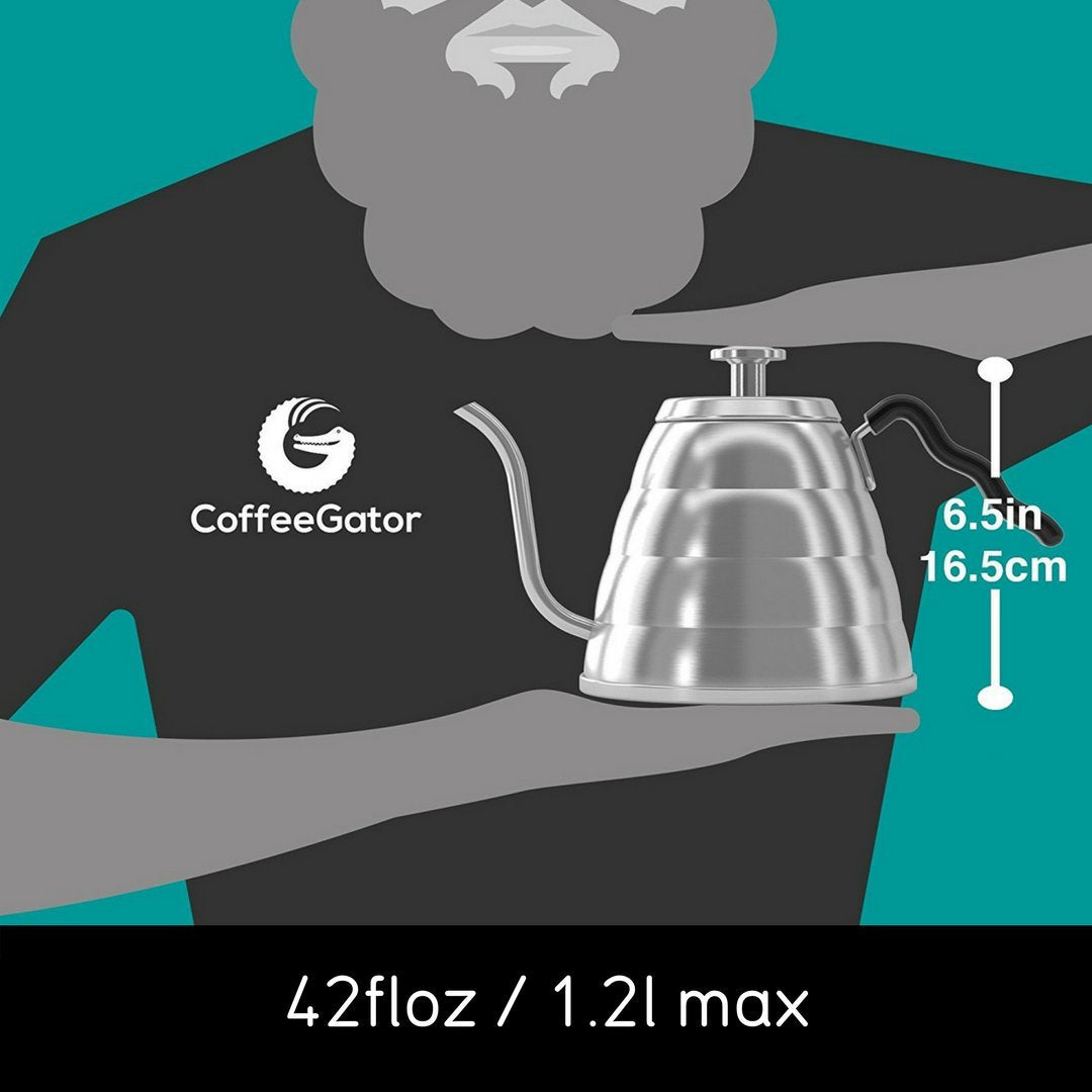 Coffee Gator Gooseneck Kettle – 1.2 Litre, Stainless-Steel Stovetop Kettles w/Precision Drip Spout & Built-in Thermometer