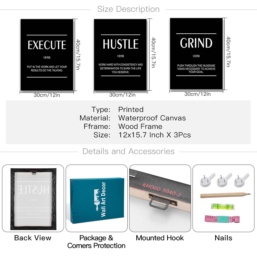 Artscope 3 Pieces Inspirational Motivational Words Wall Art Canvas Prints - Execute Hustle Grind Picture Painting - Modern Wall Artwork Framed for Gifts Bathroom Living Room Office Decor - 30 x 40 CM